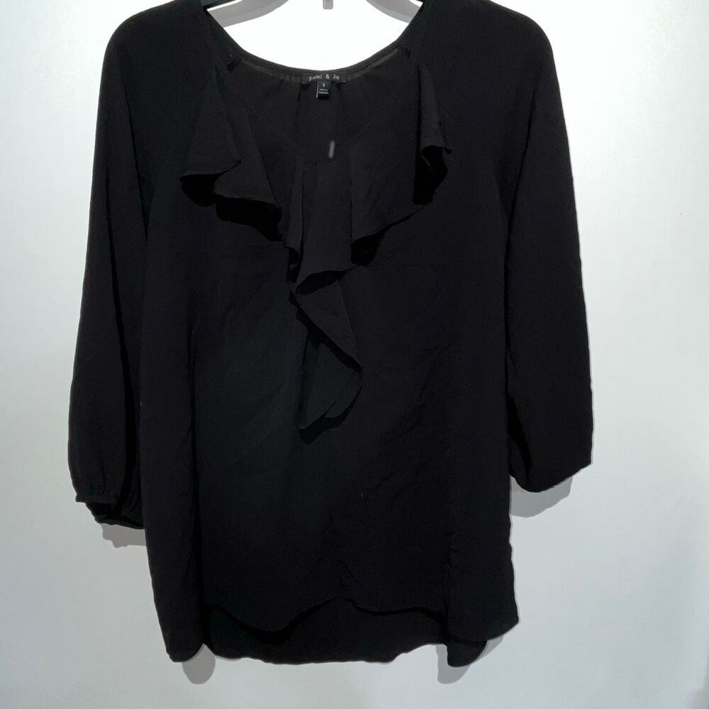 Sami & Jo Women's‎ Black Ruffled V-Neck 3/4 Sleeve Pullover Blouse Small